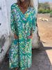 Women's Clothing Spring And Summer Printed Long Skirt Loose Casual V Neck Dress_ecoleips.com