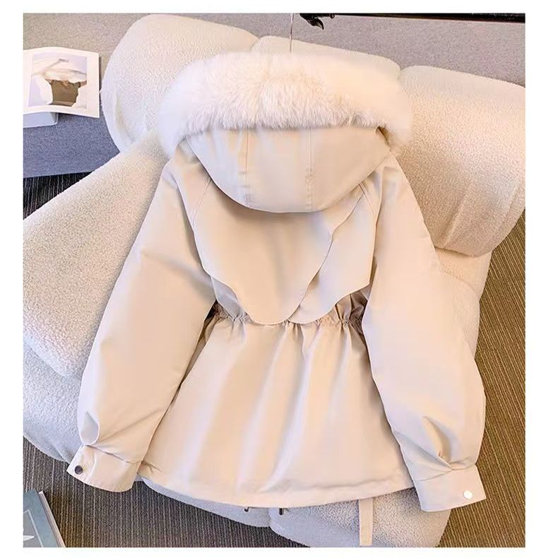 Women's Short Parka With Slim Fit, Hooded, Large Fur Collar, Fleece Lined, Korean Style, 2025 Winter New Arrival_ecoleips.com