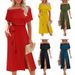 Women's Clothing New Summer Dress Off Shoulder Short Sleeve Tie Waist Slit Midi Dress_ecoleips.com