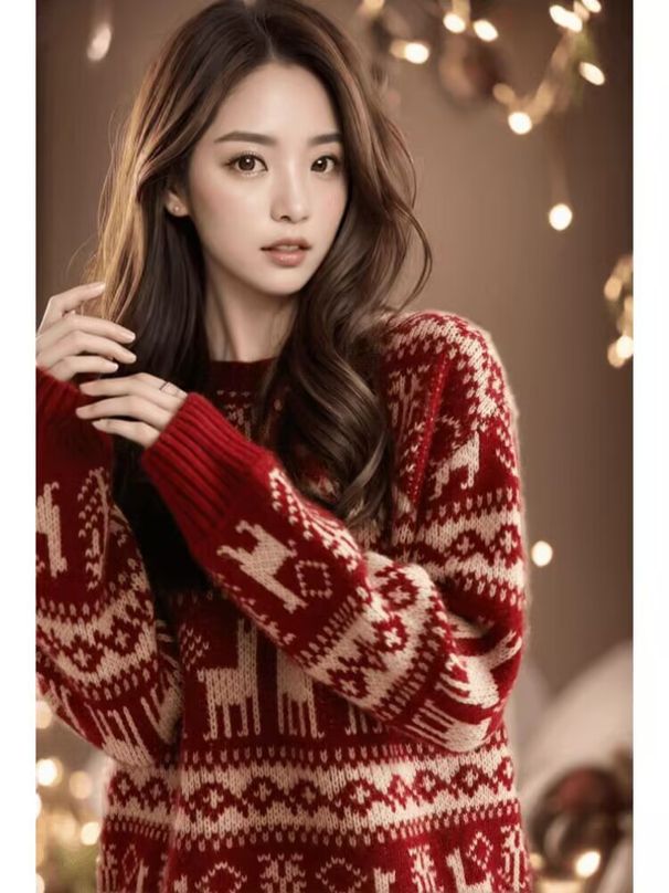 girl Red Sweater Women New Year, Thickened For Autumn And Winter, Christmas High-End Design, Lazy Style, Inner Layer Knitted_ecoleips.com