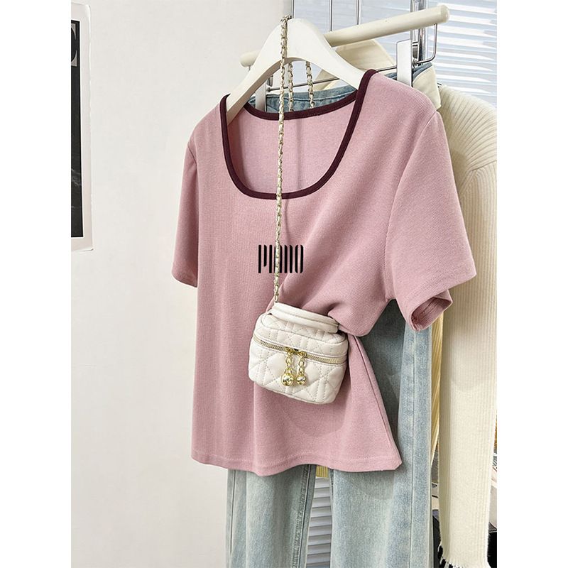 Women's Square Neck Contrast Color Short Sleeve T-Shirt - Slim Fit, Breathable & Fashionable Summer Top_ecoleips.com