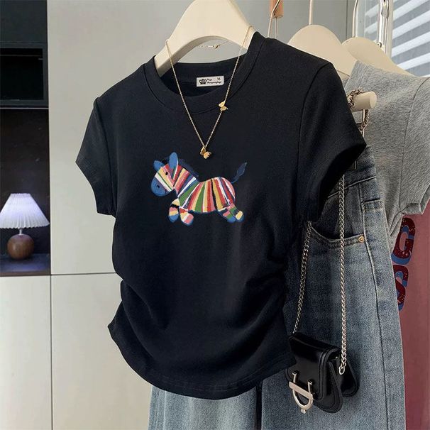 Women's High Quality Cotton round Neck Short Sleeve T-Shirt Slim Fit Unique Style Youthful Elegant Top_ecoleips.com