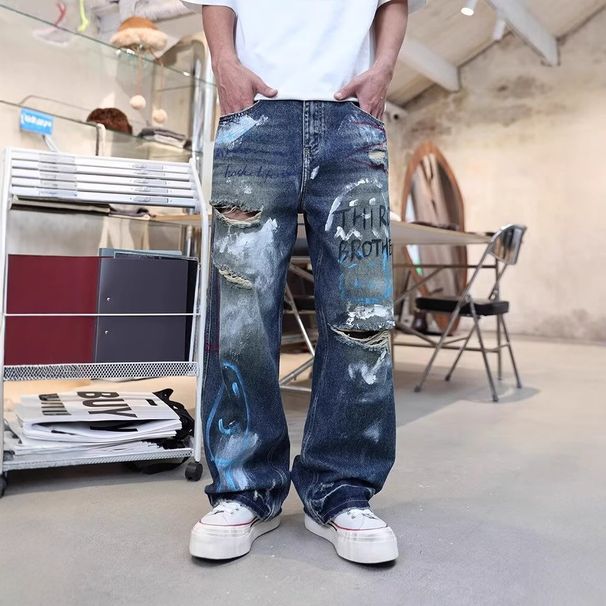 Women's Clothing Street Graffiti Ripped Painted Jeans Straight Loose Wide Leg Trendy Handsome_ecoleips.com