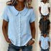 Women's Solid Color Peter Pan Collar Shirt Casual Loose Cotton Linen Short Sleeve Summer Blouse Independent Website European American Style_ecoleips.com