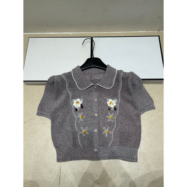 Trendy Brand Knitted Cardigan With Three-Dimensional Floral Lapel, Short Sleeves, Loose Fit, Versatile Women's Top, New_ecoleips.com