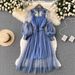 Heavy Industry 3D Floral Mesh Elegant Stand Collar Lantern Sleeve High Waist Slim Fit Two Piece Fairy Dress For Women_ecoleips.com
