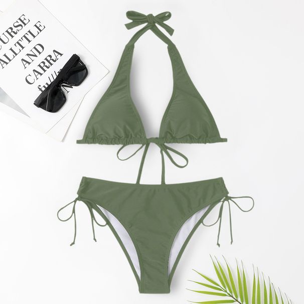 Women's Clothing Swimsuit Strap On Ins Bikini Sexy Solid Color Swimsuit Beach Vacation Bikini_ecoleips.com