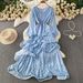 Women's Sweet Polka Dot V-Neck Long Sleeve Dress Summer Elegant Slimming Fluffy Cake Skirt Gentle Vacation Look_ecoleips.com
