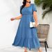 Women's Clothing Puff Sleeve Square Neck Back Pleated Short Sleeve Pocket Dress_ecoleips.com