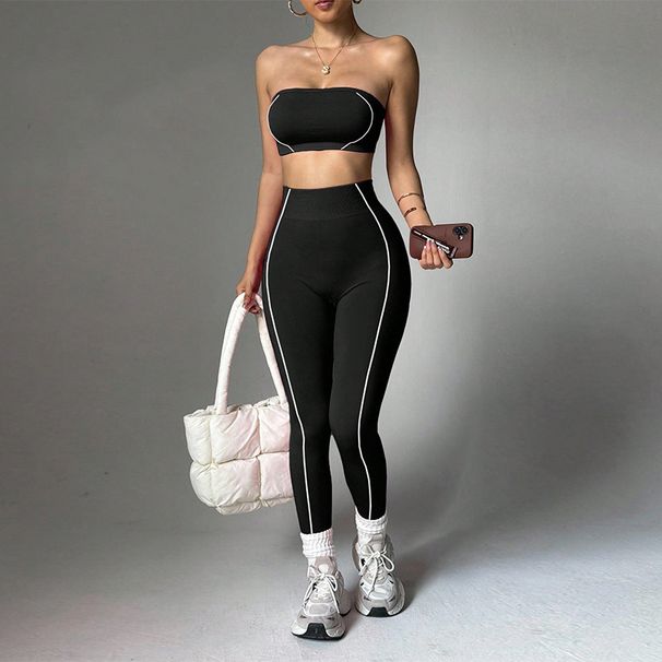 K Yoga Suit Set, Women's Contrasting Color Wrapped Chest Top, Peach Buttocks Slim Fit Pants, Fitness Sportswear_ecoleips.com