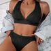 Summer New Women's Sexy Halter Neck Bikini Swimwear Solid Color Strap Split European American Style 2025 Cross Border Design_ecoleips.com