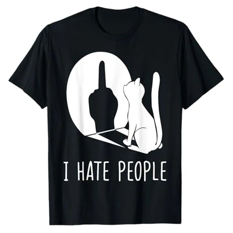Cat Shadow I Hate People Middle Finger T-Shirt Humor Funny Kitty Graphic Outfit Short Sleeve Blouses Gifts Sarcastic_ecoleips.com