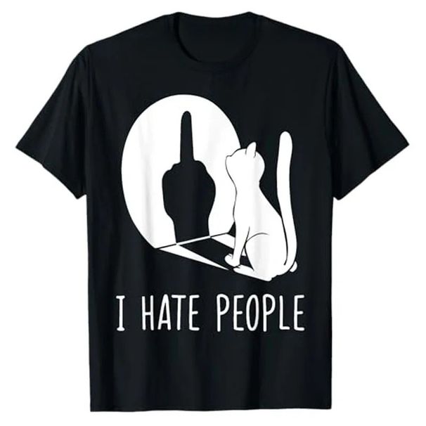 Cat Shadow I Hate People Middle Finger T-Shirt Humor Funny Kitty Graphic Outfit Short Sleeve Blouses Gifts Sarcastic_ecoleips.com