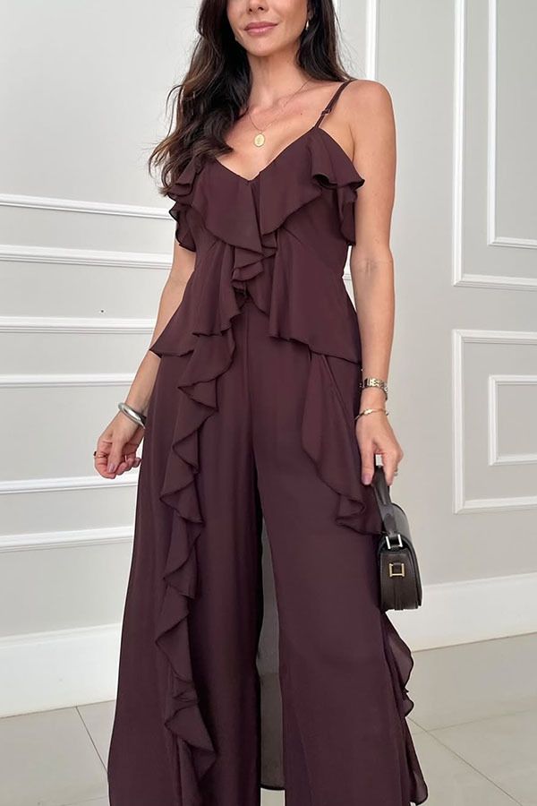 Women's Clothing Solid Color Chiffon V Neck Suspenders Ruffle Straight Pants Two Piece Set_ecoleips.com
