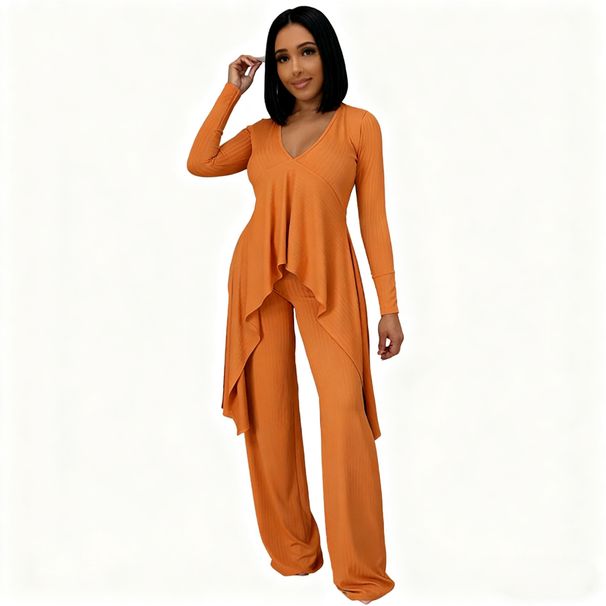 Women's V-Neck Ribbed Two-Piece Set Casual Long Sleeve Top Irregular Hem Pants White Greyish Black Orange Apricot Pink S XXL_ecoleips.com