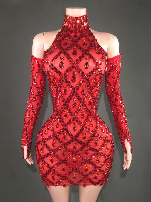 Sexy Glitter Sheer Mesh Sleeve Dress With Rhinestones - Elegant Party Mini Dress For Women, Clubwear, Evening Gala, Stage Performance_ecoleips.com