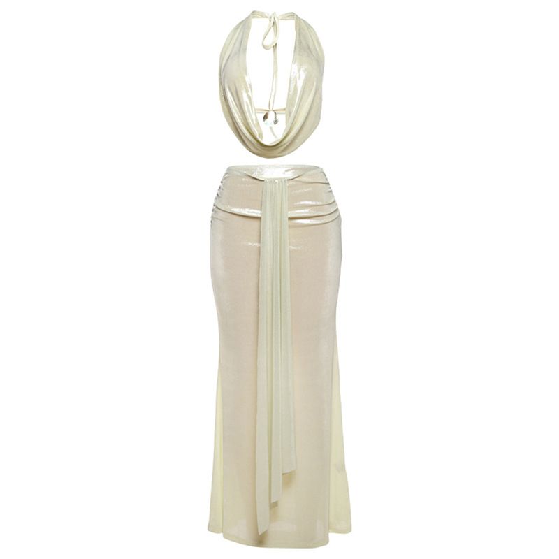 Women's Spring Summer Sexy Backless Halter Neck Top And Skirt Set Slim Fit Clothing_ecoleips.com