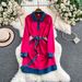 Celebrity Inspired Elegant Patchwork Denim Collared Dress, Perfect For Autumn And Winter, With A Belted Waist And Slit, Midi Length._ecoleips.com