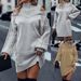 Off-Shoulder Sweater – Oversized Longline Knit Top With Lantern Sleeves (S-L, Grey/Khaki, Polyester Blend, Fall/Winter Essential)_ecoleips.com