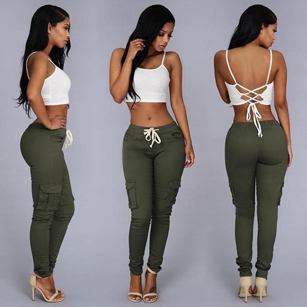 Women's Clothing Pencil Pants Multi Pocket Drawstring Ladies Casual Pants With Belt_ecoleips.com