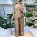 Women's Literary Retro Two-Piece Set Gold Foil Top & Wide Leg Pants Loose Fit Summer Fashion_ecoleips.com