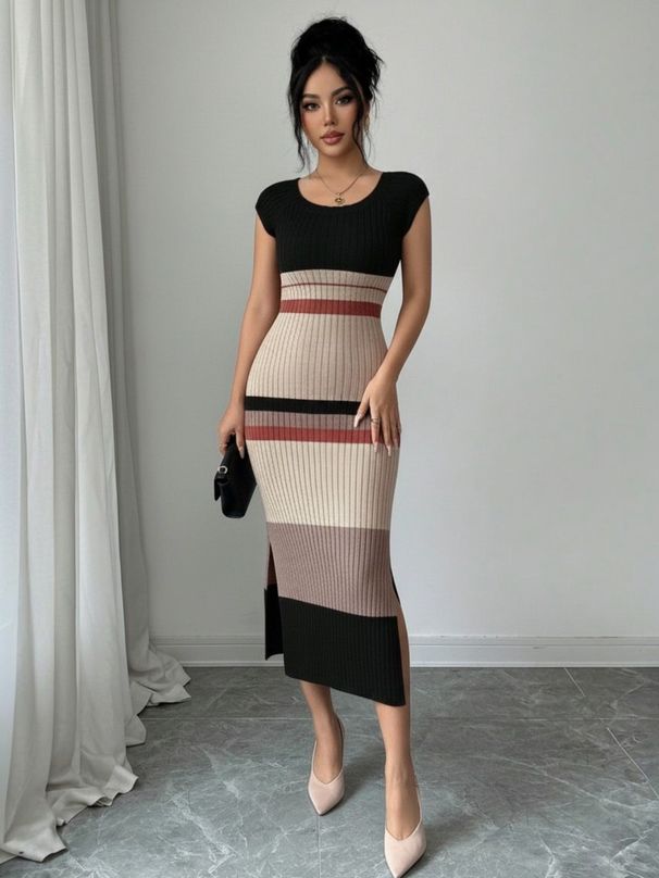 Women's Clothing Mid-Length Knit Skirt Style Casual Fashion Summer Dress Colorful Striped Slit Design Hot Selling_ecoleips.com