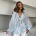Women's Clothing French V Neck Shirt Spring Summer Ruffled Tie Up Lantern Sleeve Semi Sheer Thin Top_ecoleips.com