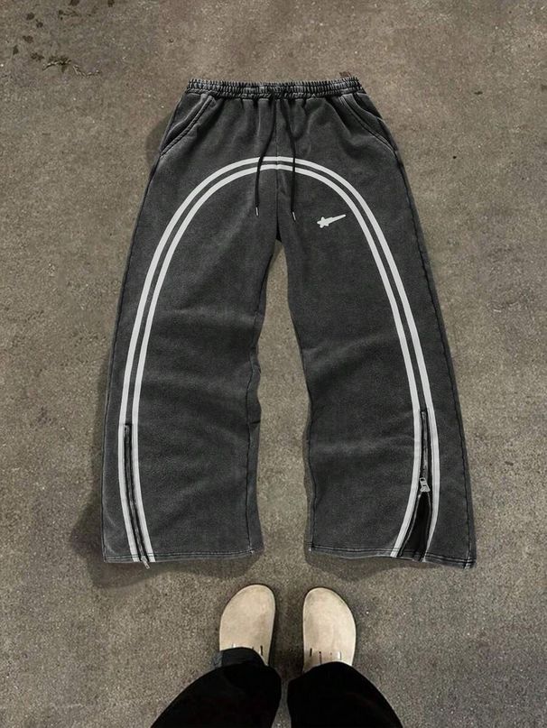 Unisex Solid Color Stitching Sweatpants, Loose Straight Zipper Design, Streetwear Casual Sports Trousers_ecoleips.com