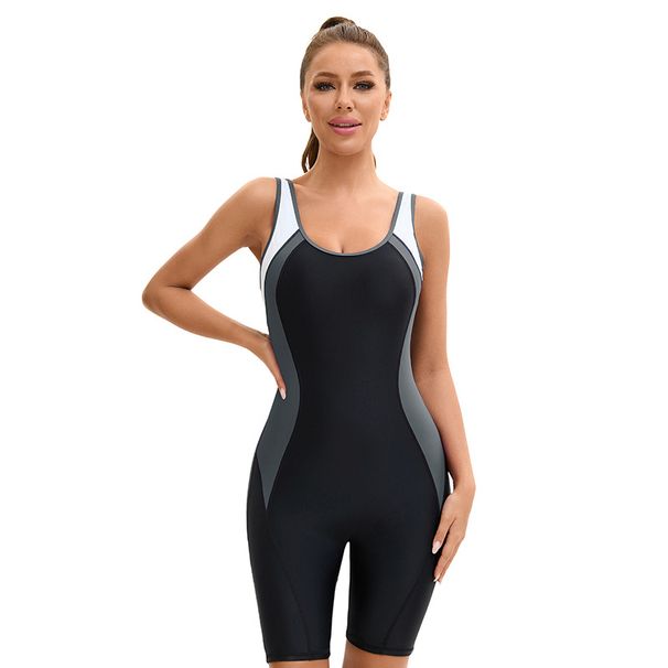 Color Block One-Piece Swimsuit for Women Conservative Sleeveless Swimwear with Flat Leg And Backless Design_ecoleips.com
