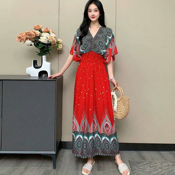 Ethnic V-neck Cotton Short Sleeve French Thai Style For Women Summer Printed Pastoral Dress Vacation Outfit_ecoleips.com