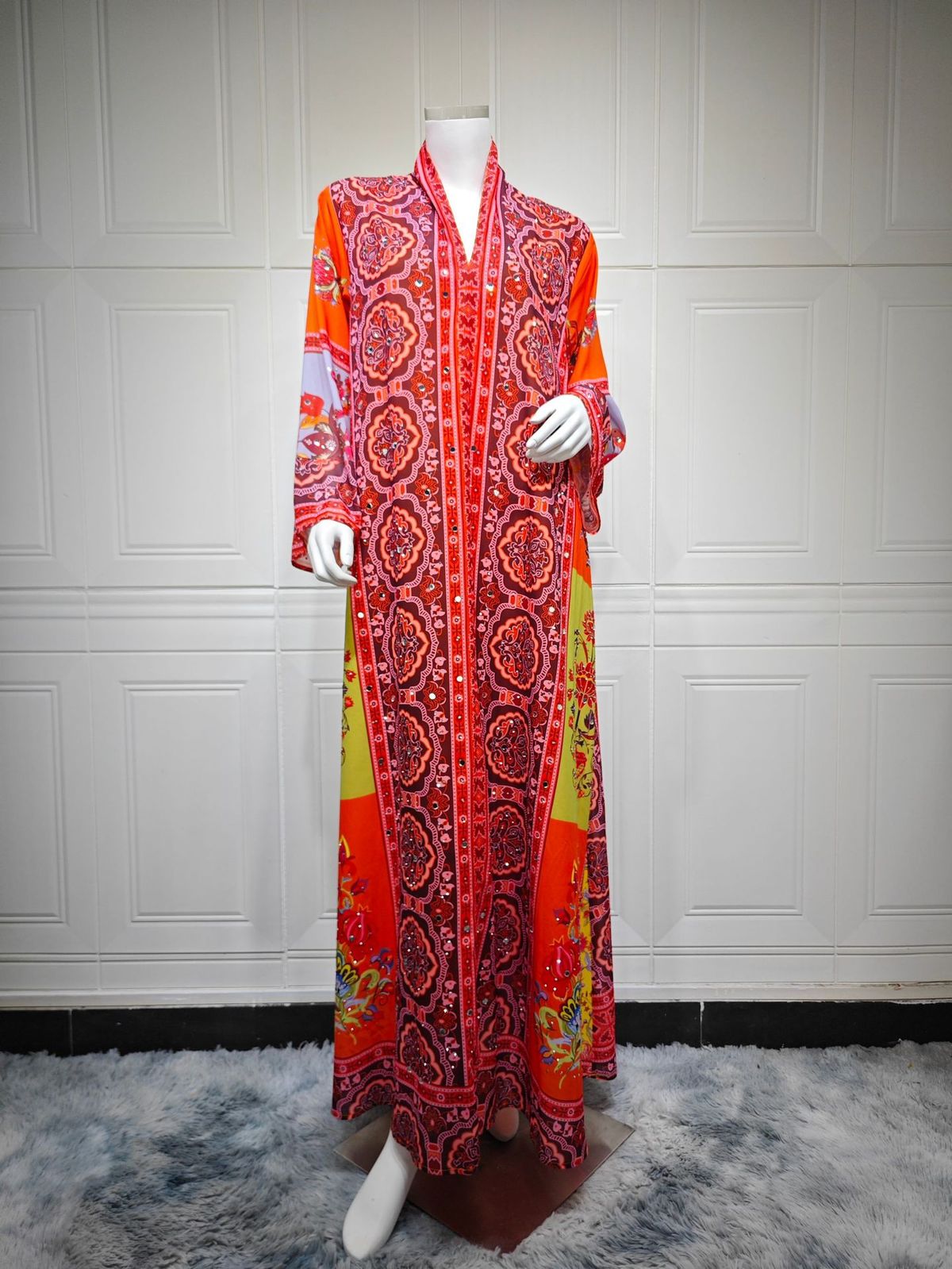 Embroidered Jalabiya Dress – Elegant Long Sleeve Maxi Dress With Floral Print & Rhinestone Detail (S-Xxl) – Middle Eastern Modest Fashion_ecoleips.com