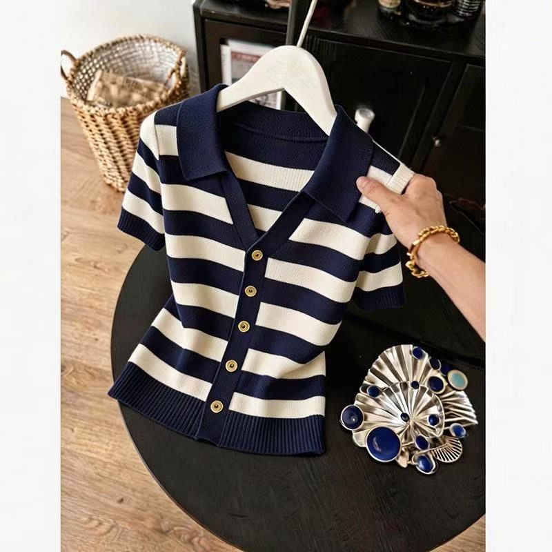 Summer Striped Collar Short Sleeve T-Shirt For Women Fashionable Slimming Ice Silk Knit Top Youthful Clothing_ecoleips.com