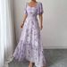 Women's Sweet French Style Mini Dress With Purple Butterfly Print, Batwing Sleeves & Back Zipper_ecoleips.com