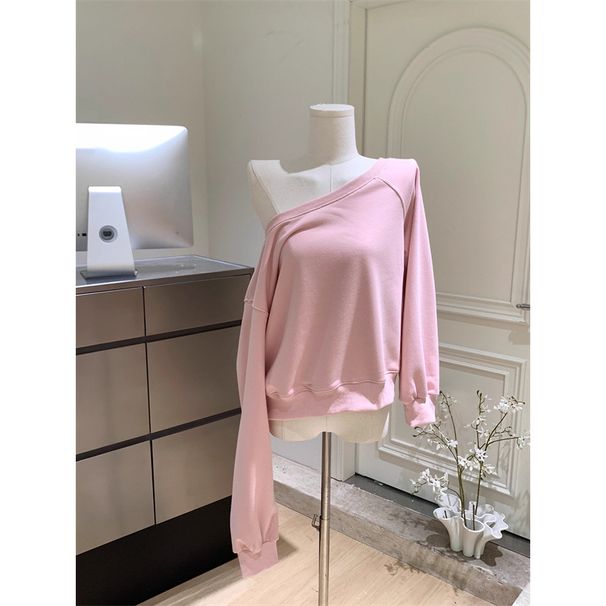 Korean-style Simple Off-shoulder Long-sleeve Sweatshirt For Women, New Spring/autumn Thin Versatile Loose-fitting Sweet_ecoleips.com