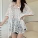 Women's Pure Hollow out Knit Top with Tie Waist Loose Fit Mid-Length Niche Style Summer Alluring Cover up_ecoleips.com