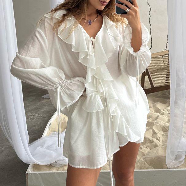 Elegant Ruffle Trim Casual Lounge Set - Flowy Tie-Front Cardigan & Shorts For Women, Spring Summer Comfort Outfit_ecoleips.com