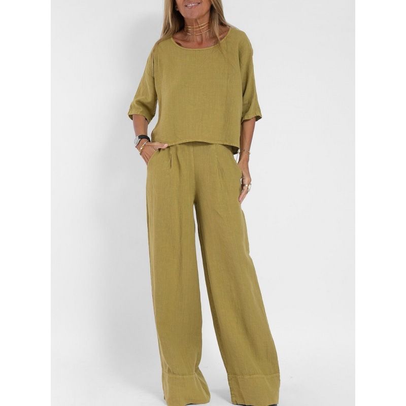 Women's Clothing Summer New Women's Casual Loose Solid Color Short Sleeved Cotton And Linen Pants Suit_ecoleips.com