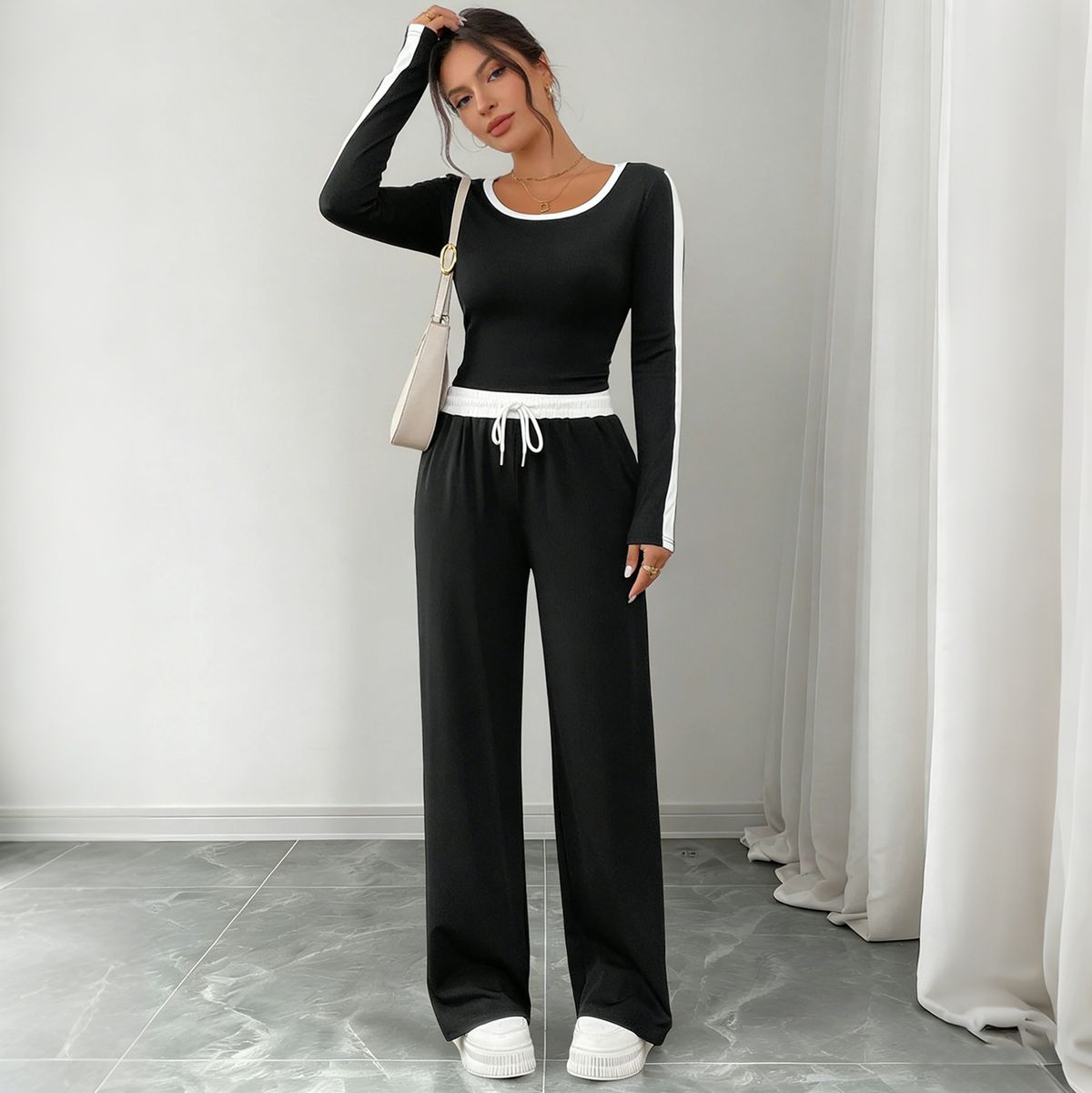 Women's Casual Two-Piece Set – High-Waisted Wide-Leg Pants & Comfortable Color-Block Top, Stretchy Lounge Outfit For Everyday Chic_ecoleips.com