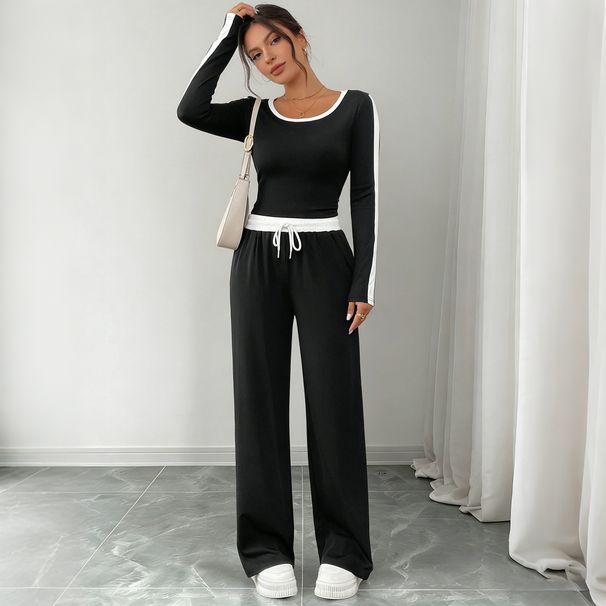 Women's Casual Two-Piece Set – High-Waisted Wide-Leg Pants & Comfortable Color-Block Top, Stretchy Lounge Outfit For Everyday Chic_ecoleips.com