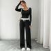 Women's Casual Two-Piece Set – High-Waisted Wide-Leg Pants & Comfortable Color-Block Top, Stretchy Lounge Outfit For Everyday Chic_ecoleips.com