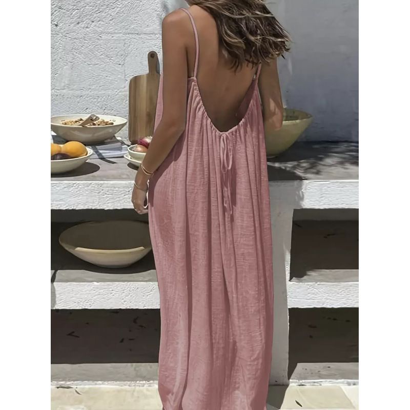 Flowwy Crinkle Ice Silk Slip Maxi Dress, Strappy Backless Loose Fit Lounge Dress For Women, Versatile Casual Home Wear_ecoleips.com