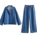 Women's Clothing Denim Suits Long Sleeved Lapel Pocket Tops Lace Up Straight Trousers Two Piece Suits_ecoleips.com