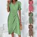 Geometric Print Puff Sleeve Asymmetrical Hem V-Neck Flowy Casual Midi Dress For Women Comfortable Loose Fit_ecoleips.com