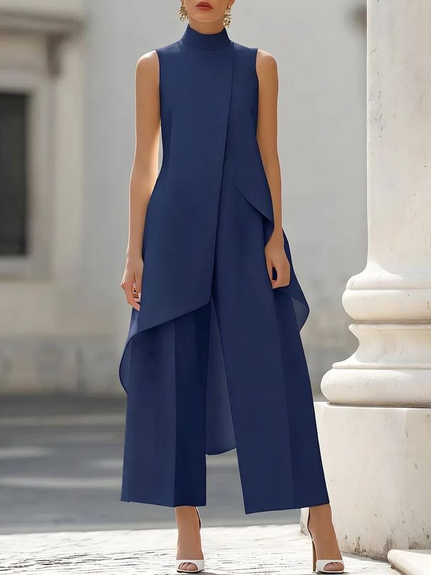 European And American Fashion Slimming High Neck Sleeveless Faux Two Piece Jumpsuit Elegant Irregular Design New Arrival for Women_ecoleips.com