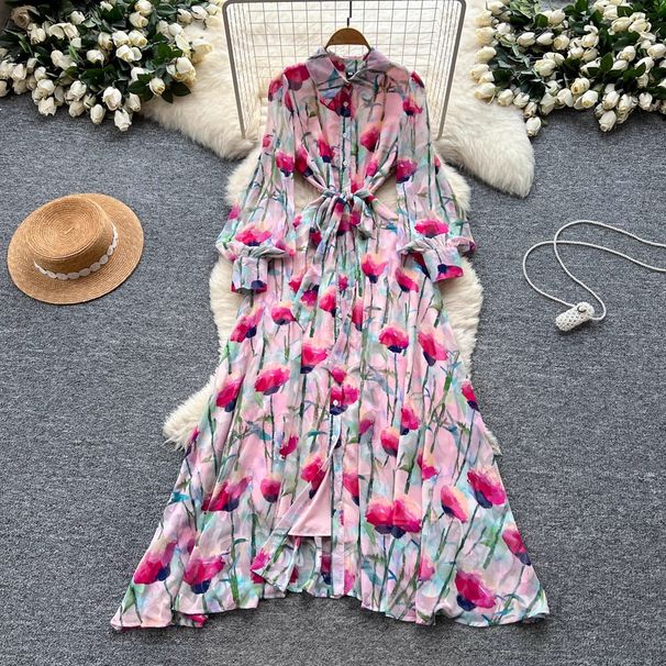 French Style Sophisticated Long Dress Printed Single-Breasted Long Sleeved With Tie Waist Design For Autumn 2025_ecoleips.com