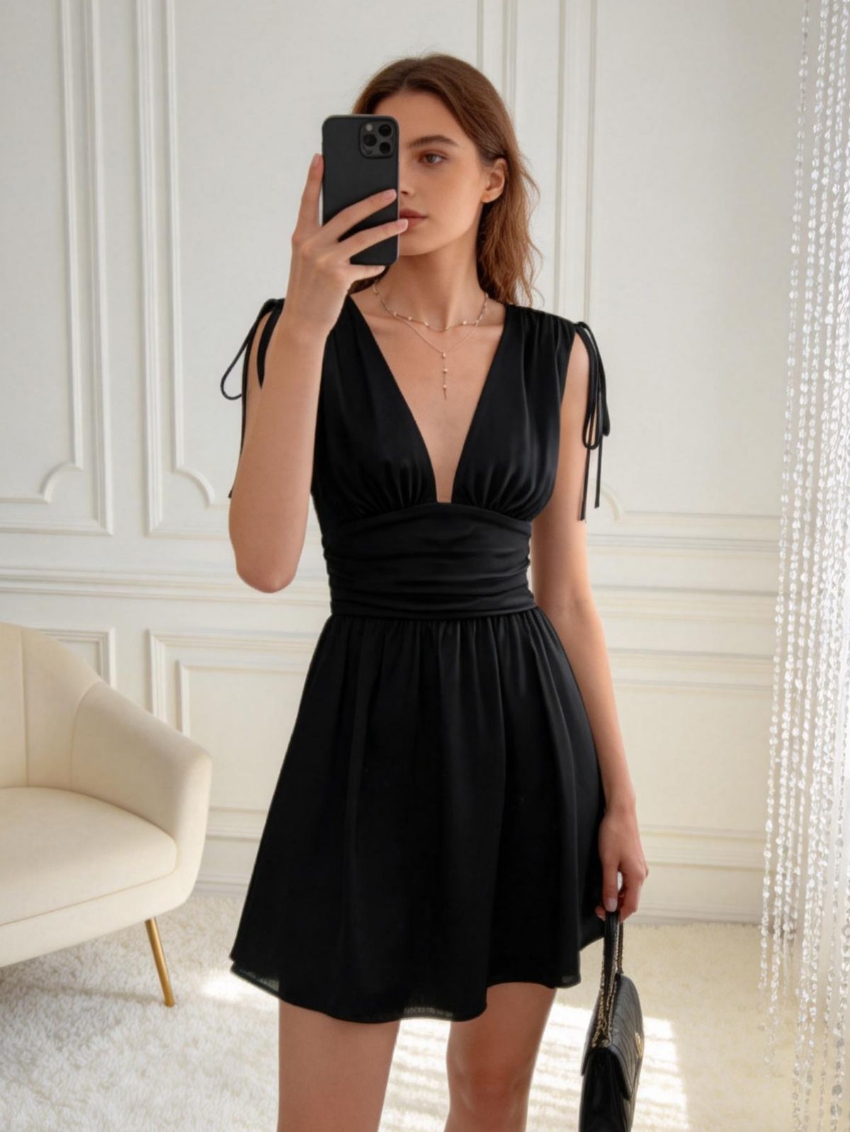 2026 Summer New Pure Black Dark V-neck Dress For Women, Drawstring Shoulder Strap Pleated Waist Satin A-word Sweet Cool Pie Short Skirt_ecoleips.com