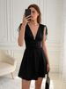 2026 Summer New Pure Black Dark V-neck Dress For Women, Drawstring Shoulder Strap Pleated Waist Satin A-word Sweet Cool Pie Short Skirt_ecoleips.com