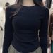 Solid Color Crew Neck German Velvet Inner Layer Autumn And Winter Irregular Hem Waist-Slimming Long Sleeve T-Shirt Top_ecoleips.com