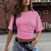 Women's Summer Smocked Waist T-Shirt - Slim Fit Round Neck Short Sleeve Top In Solid Colors_ecoleips.com