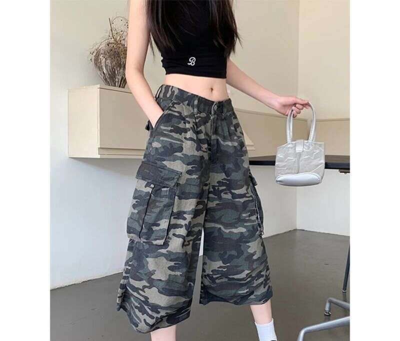 American Style Seven Quarter Jeans For Women New High Waisted Loose Fit Slimming Camouflage Wide Straight Leg_ecoleips.com
